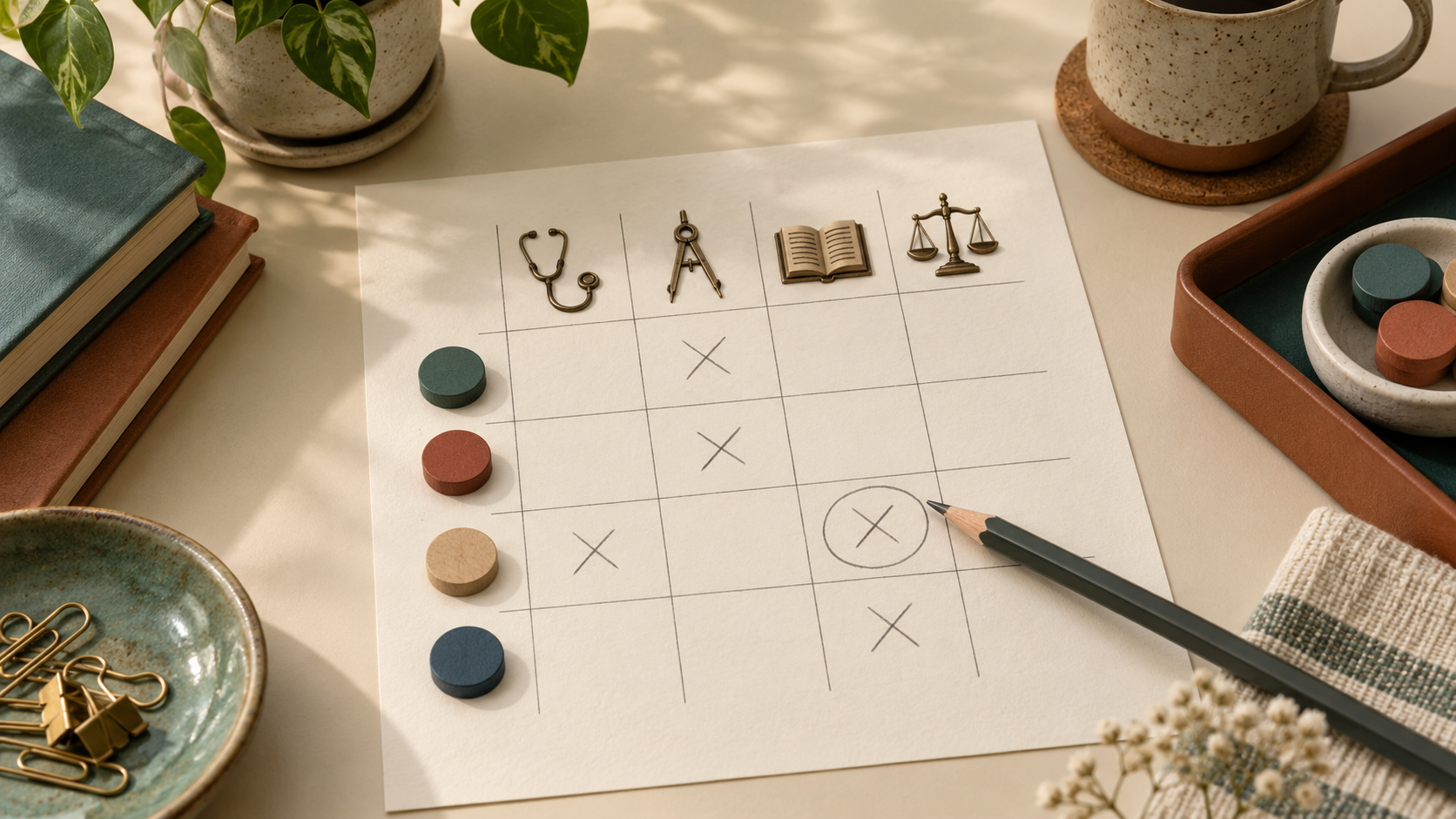 Deduction grid on paper with profession symbols and a pencil marking exclusions