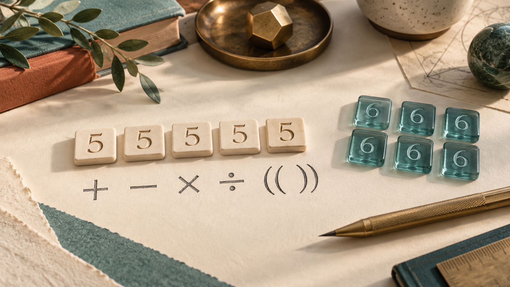 Five ivory tiles marked 5 and six teal tiles marked 6 beside arithmetic symbols