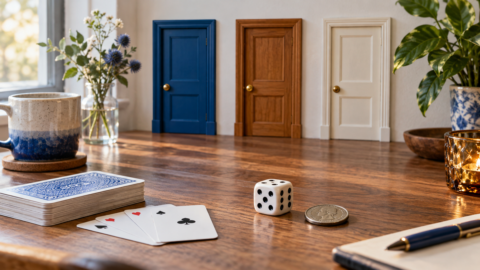 Dé, pièce et cartes devant trois portes fermées sur une table