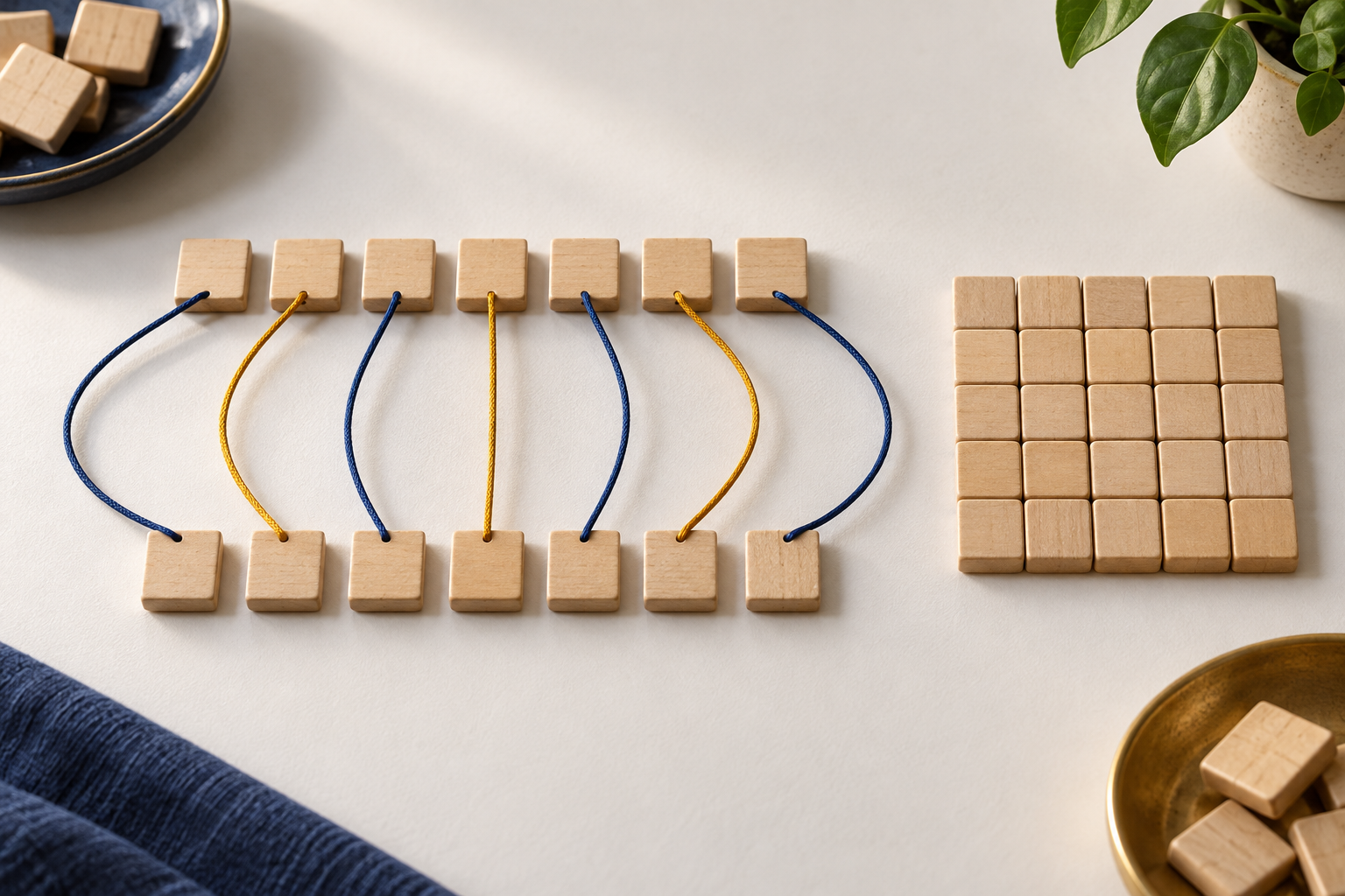 Two rows of paired tiles and a square of tiles evoke the search for structure in sums.