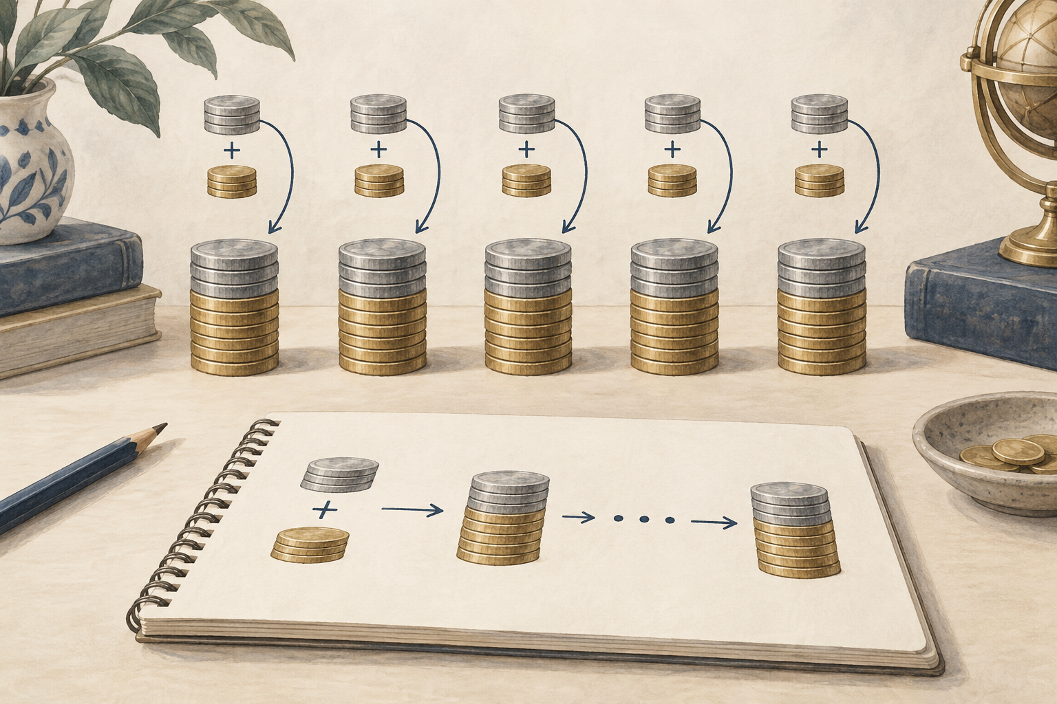 Equal stacks of coins are formed by combining a fixed initial share with an additional share, repeated for each heir.