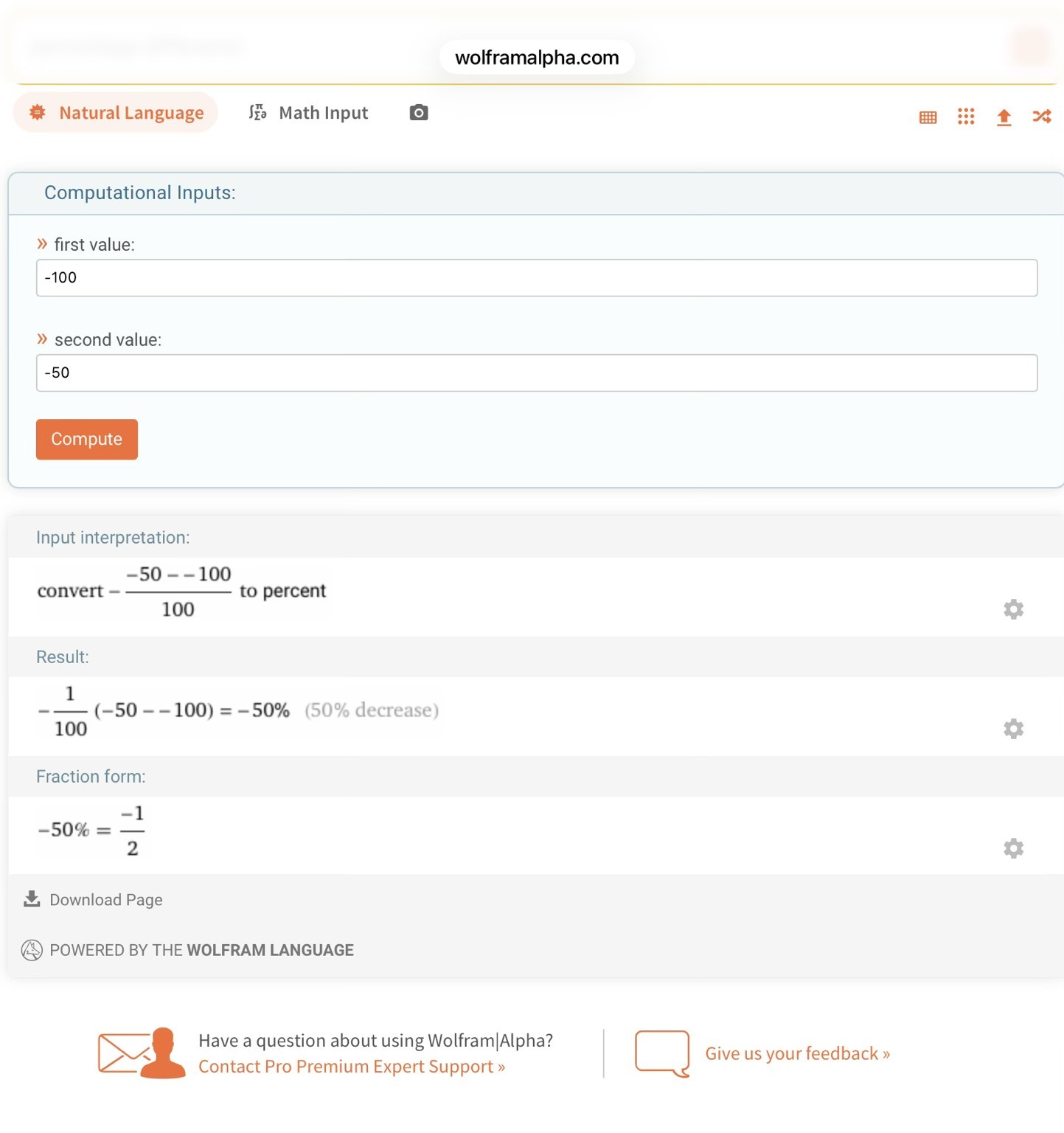 Capture de WolframAlpha : de -100 à -50, résultat -50% interprété comme une diminution de 50%.