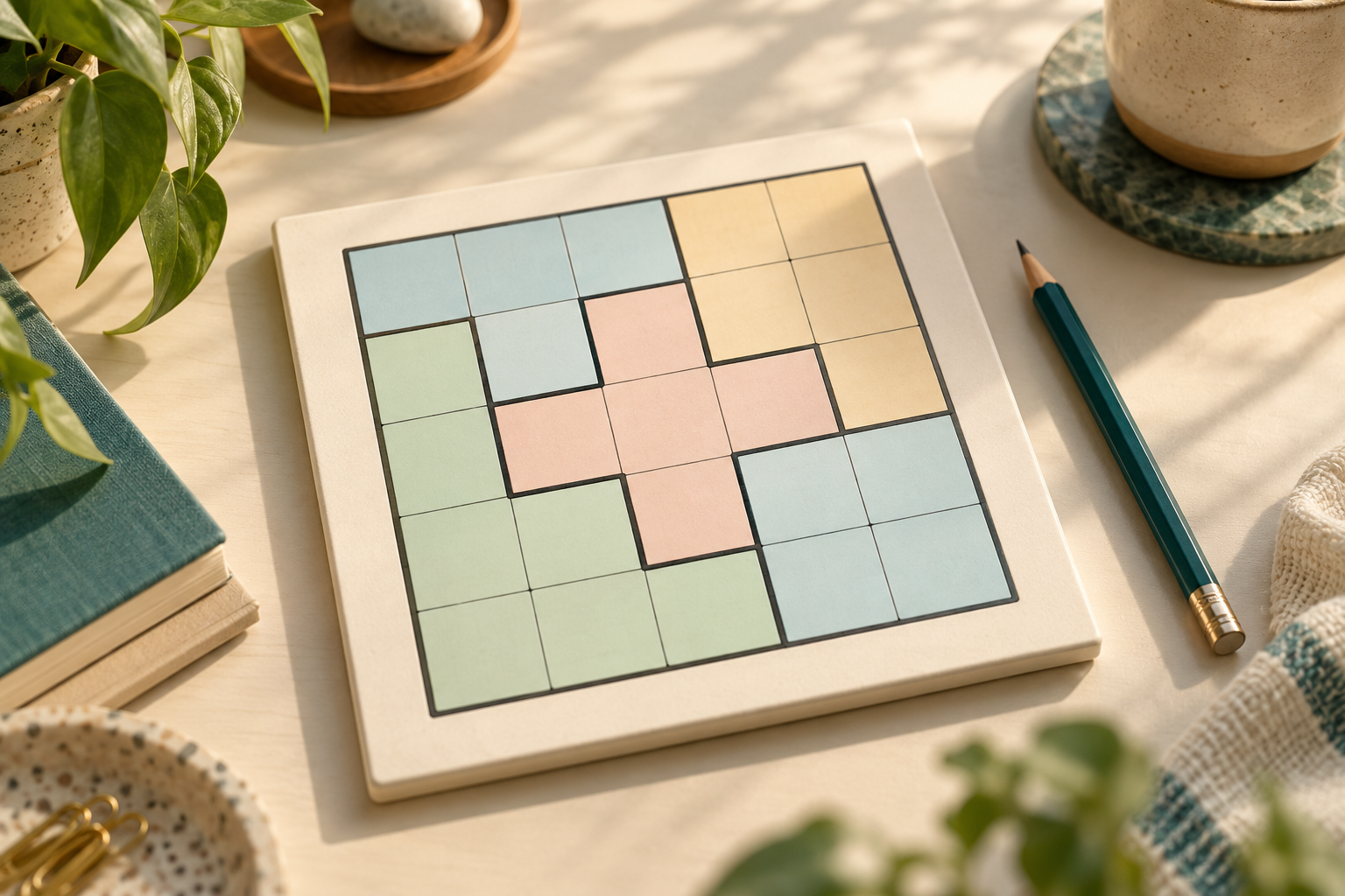 Plateau de Pentadoku avec grille cinq par cinq et régions irrégulières colorées