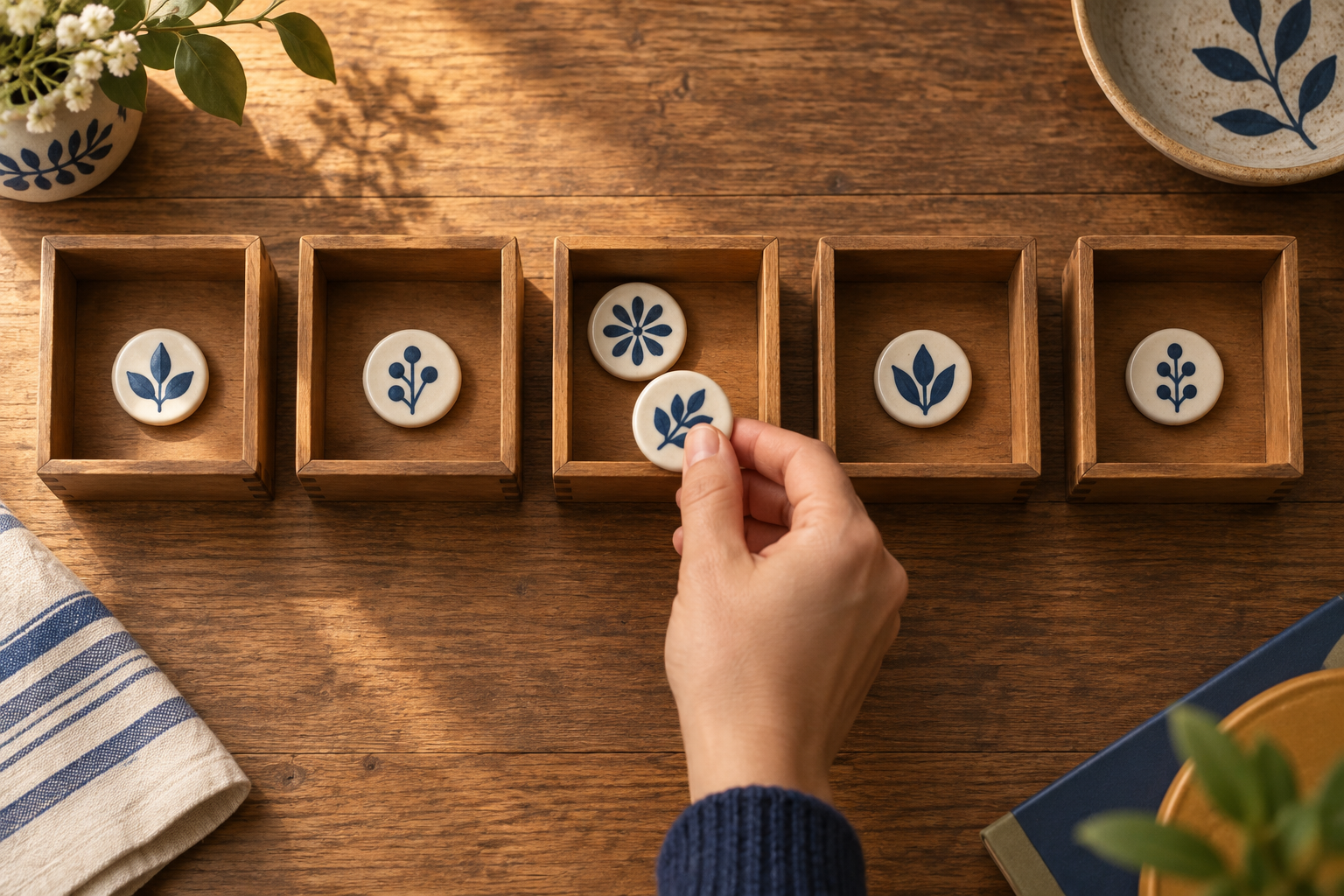 Five boxes hold six tokens: one token is about to be placed in a box that is already occupied.