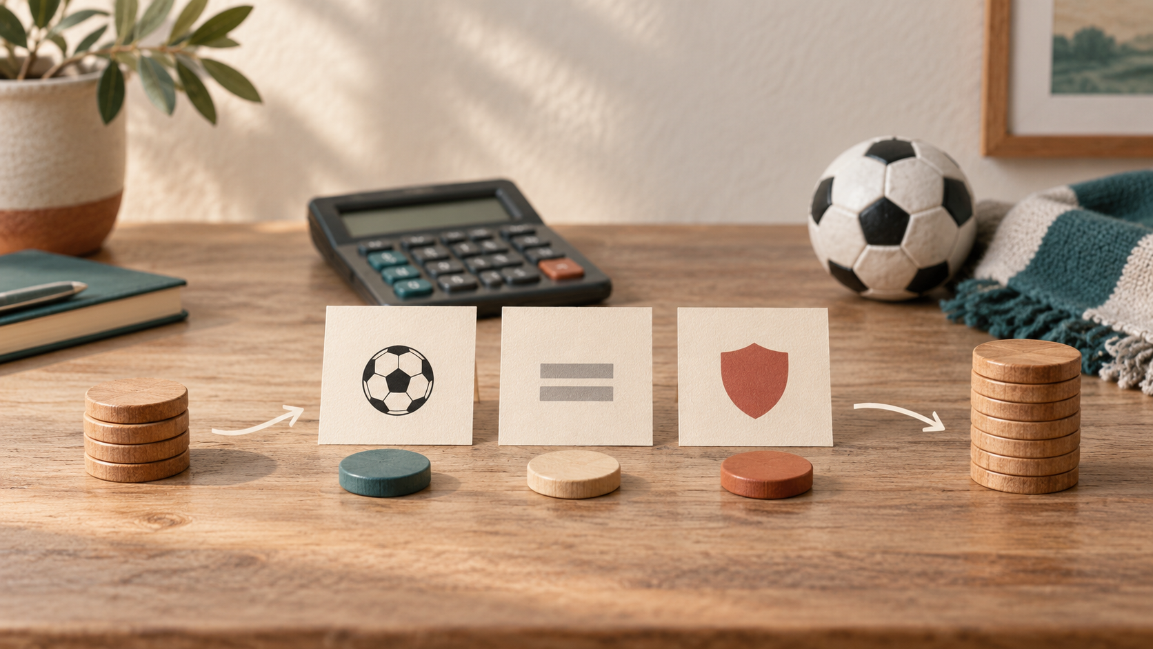 Ballon, calculatrice et jetons sur une table pour raisonner sur les cotes et les pourcentages