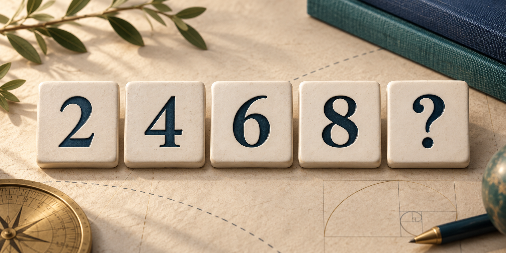 Jetons numérotés 2, 4, 6, 8 et point d’interrogation sur une table de mathématiques