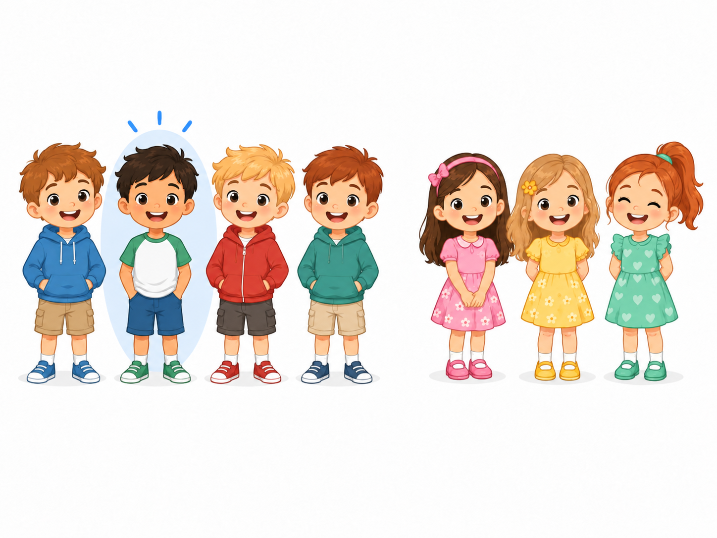 Four boys and three girls; Alberto is highlighted and sees three brothers and three sisters.