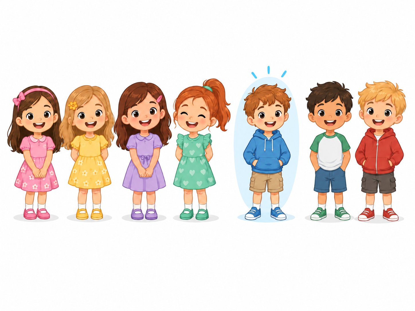 Four girls and three boys; a brother is highlighted and sees four sisters and two brothers.