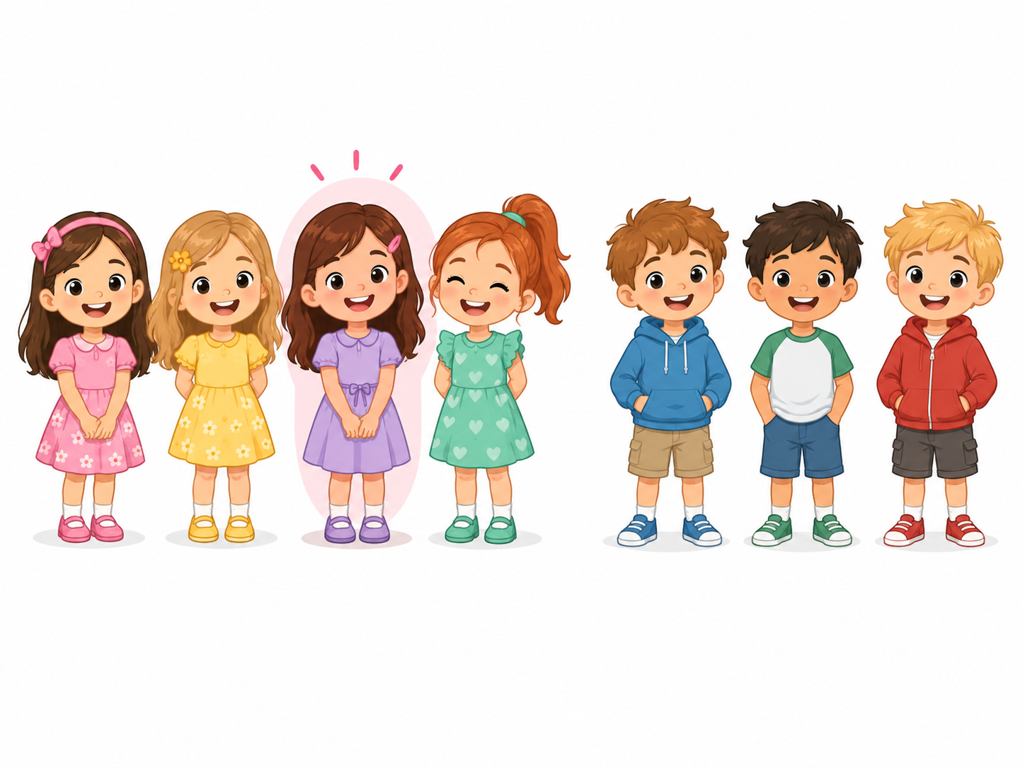 Four girls and three boys; Marta is highlighted and sees three sisters and three brothers.