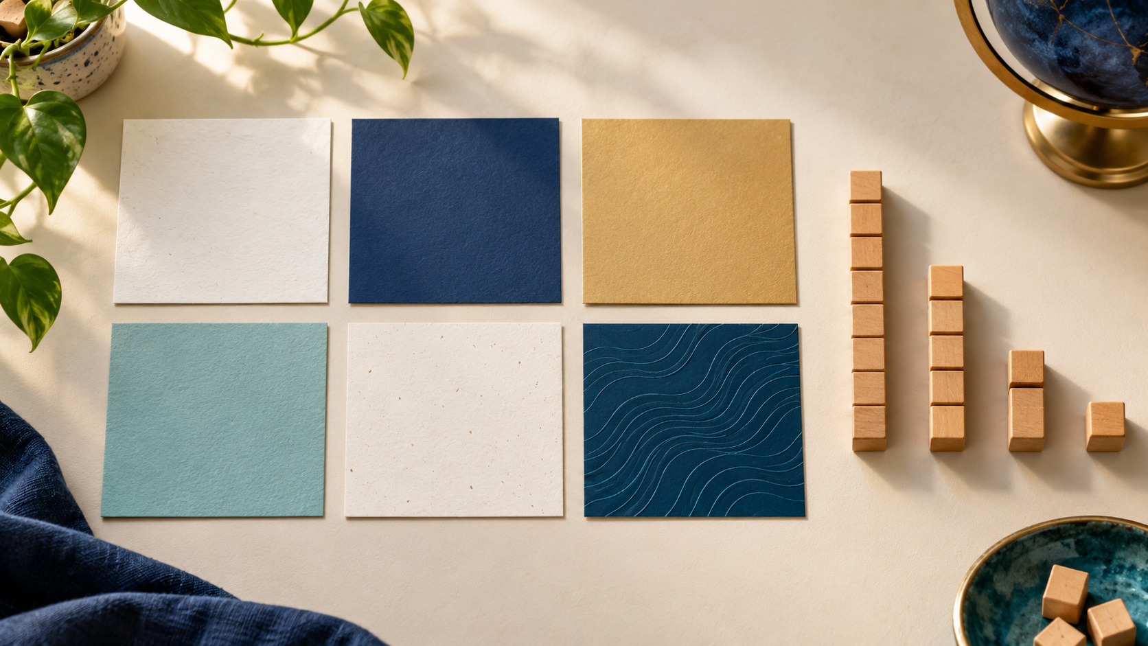 Sei cartoncini colorati e cubetti di legno che rappresentano i valori posizionali